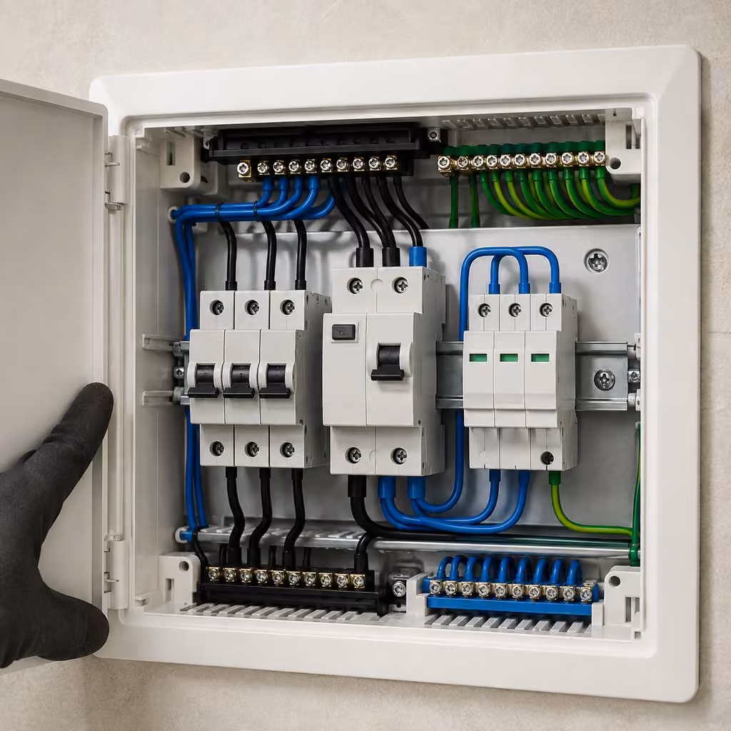 Componentes de proteção DR e DPS em instalação elétrica.